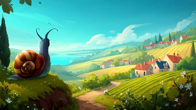 Cute Snail in French Countryside Dreamy Scene