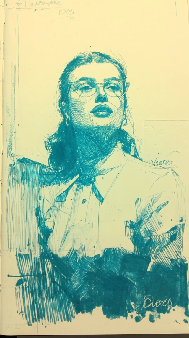 Sketch of Woman with Glasses Portrait Illustration