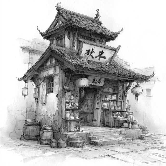 Ancient Chinese Pawn Shop Ink Wash Art