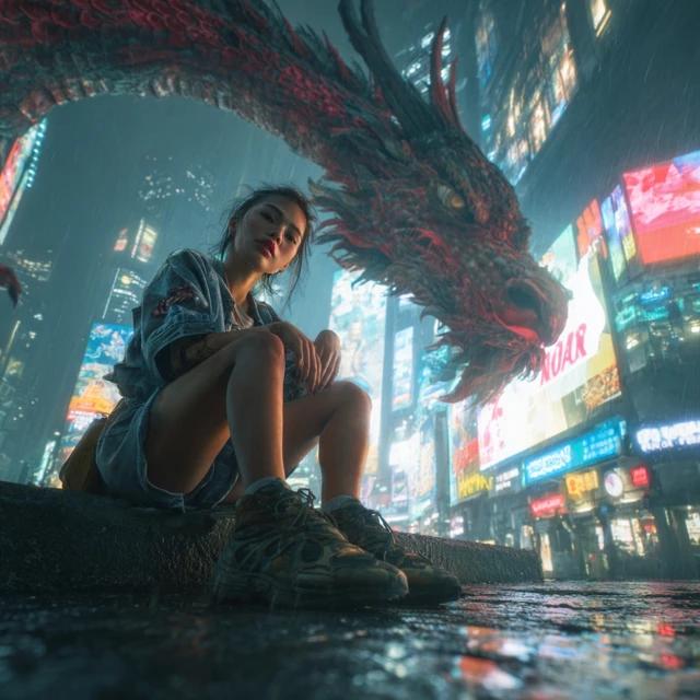 Cyberpunk Woman and Dragon Night Scene