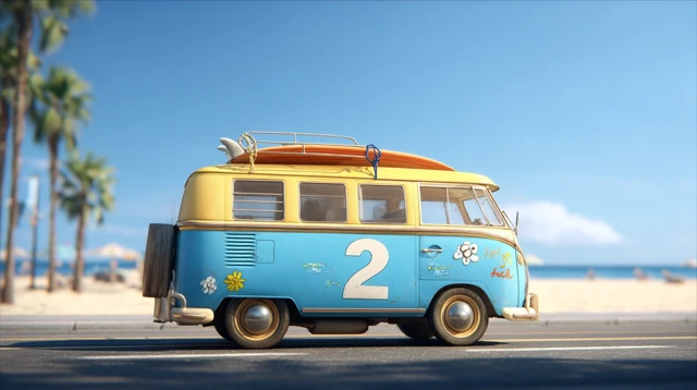 VW Bus in Venice Beach with Surfboard