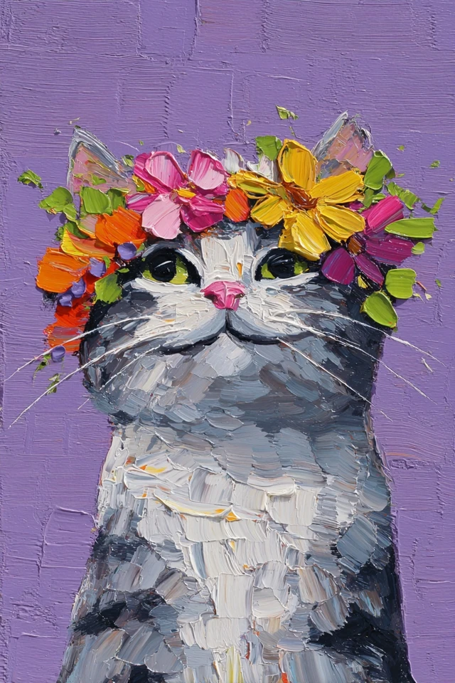 Cute Cat Oil Painting With Flower Wreath Smiling Face