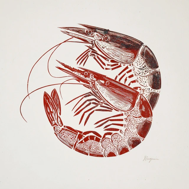 Shrimp Linocut Art Print Two Color Design