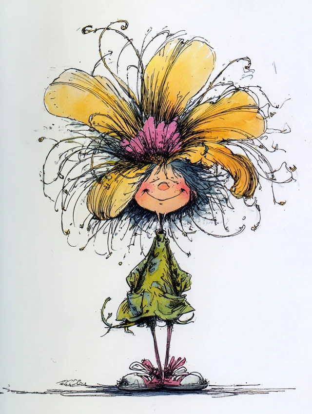 Happy Cartoon Girl with Flower by Ronald Searle