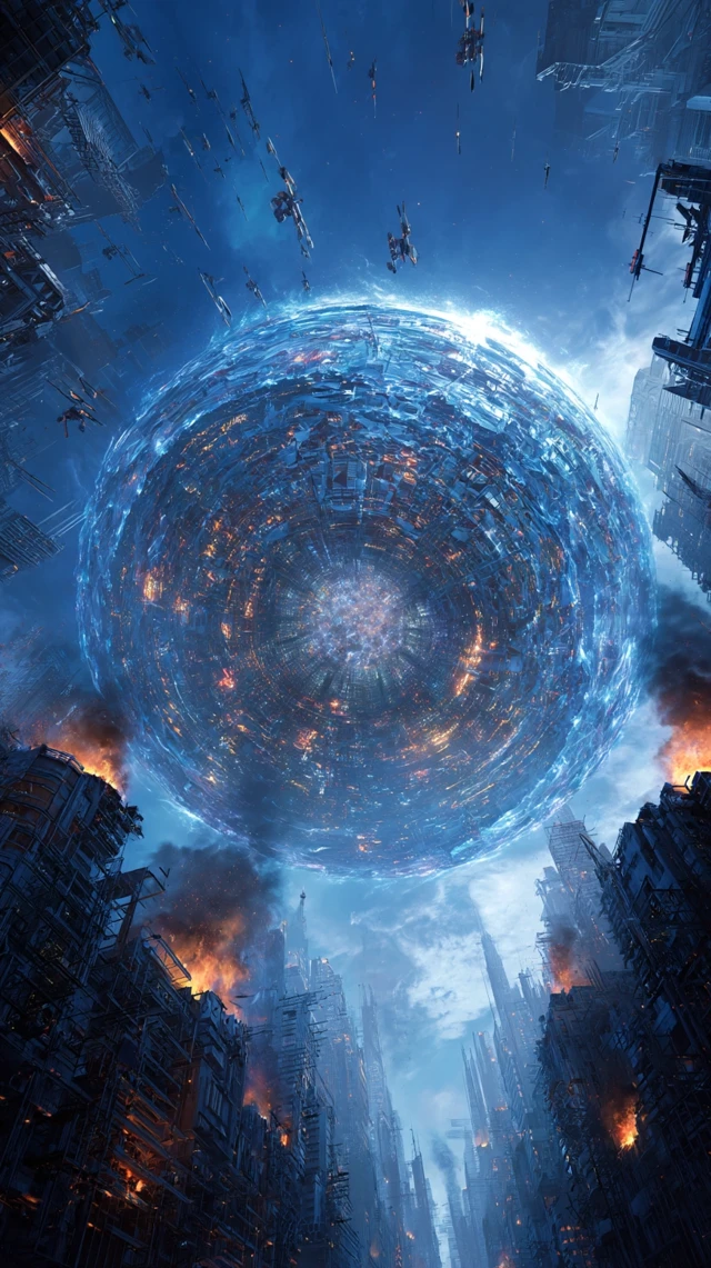 Cyberpunk City with Holographic Orb and Drones