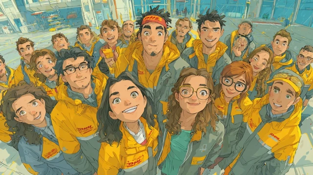 DHL Workers Smiling in Cartoon Illustration
