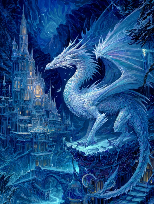 Majestic White Dragon on Ice Castle Fantasy Art