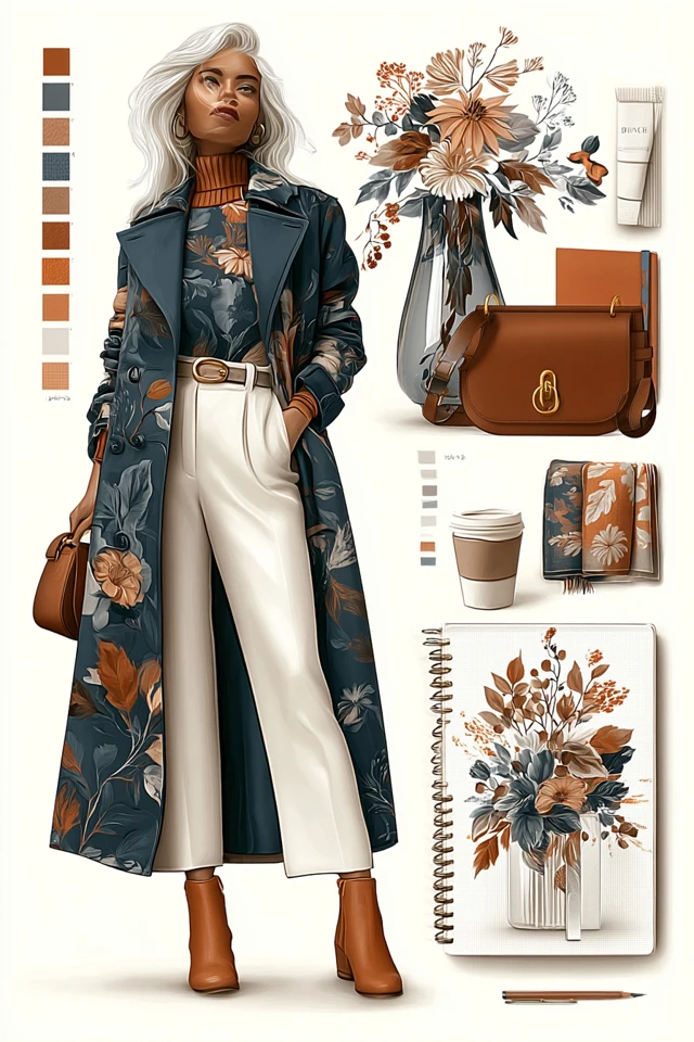 Autumn Fashion Illustration Floral Trench Coat