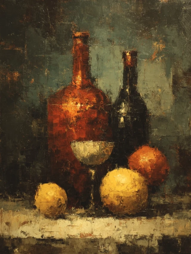 Abstract Still Life Painting of Fruit and Bottles