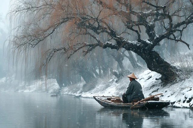 Fisherman in Winter Snowy Landscape Ink Painting