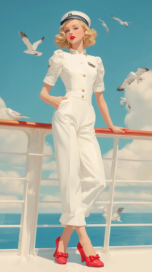 Sailor Girl Illustration: Blond Hair, Red Lipstick, Deck