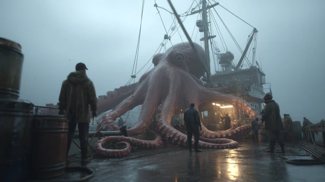 Giant Octopus on Fishing Boat Foggy Dockside Scene