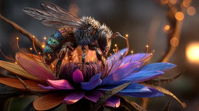 Magical Bee on Exotic Flower Dawn Hyperrealistic 4K