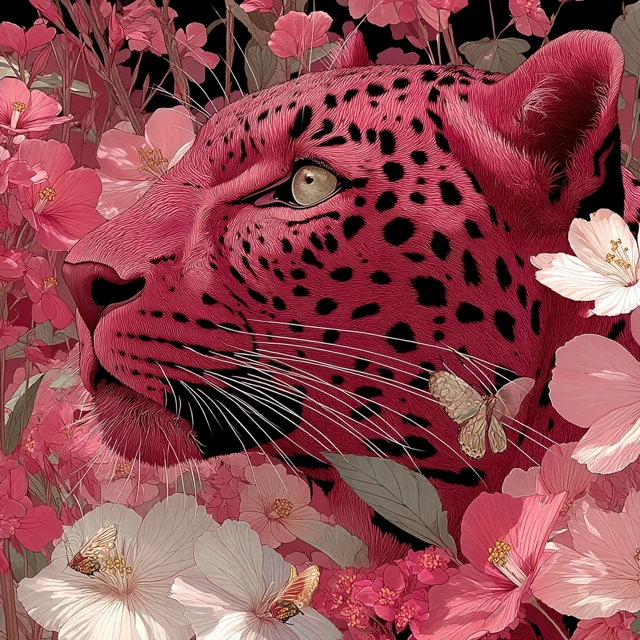 Pink Leopard in Flowers Surrealist Art