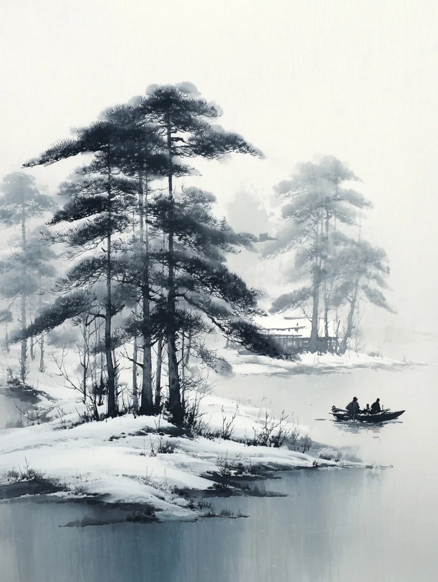 Chinese Ink Wash Snow Landscape Painting Zen Style