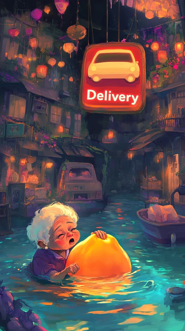 Cartoon Grandma Peach Delivery Surreal Scene