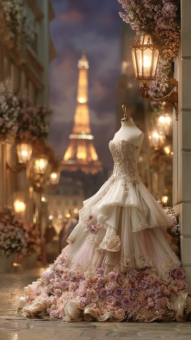 Wedding Dress in Paris Romantic Night Scene