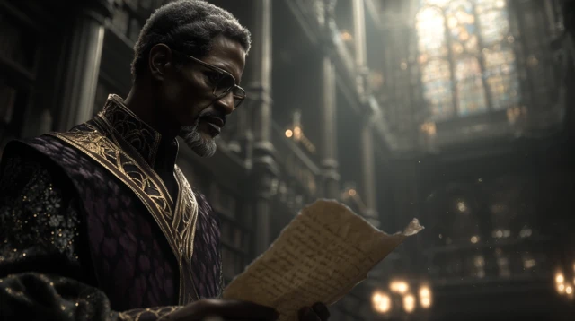 Elder Scholar in Magical Library Dark Fantasy Scene