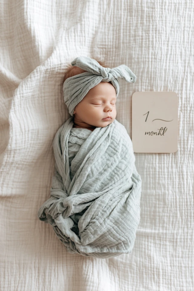 Newborn Baby in Pastel Swaddle 1 Month Milestone