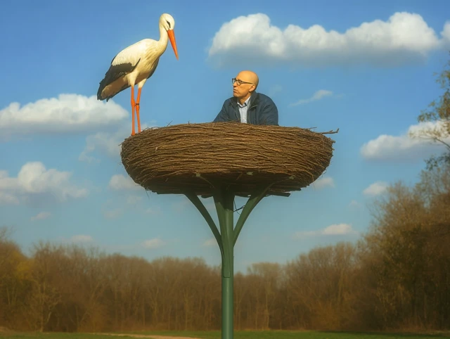 Man in Stork Nest Surreal Scene