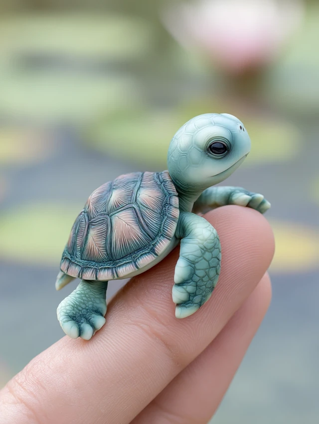 Miniature Baby Turtle Resting on Fingertip