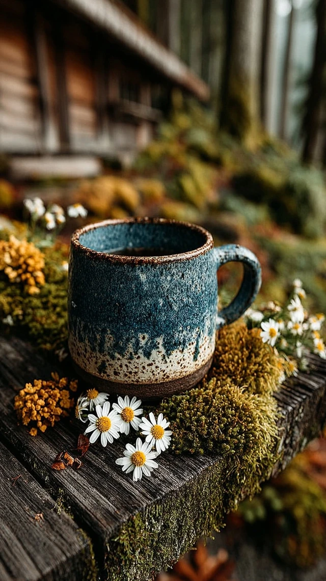 Ceramic Mug in Forest Golden Hour Nature Scene