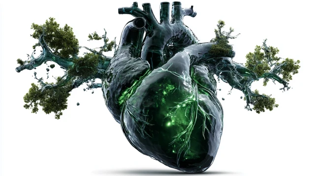 Surreal Heart Illustration with Botanical Elements