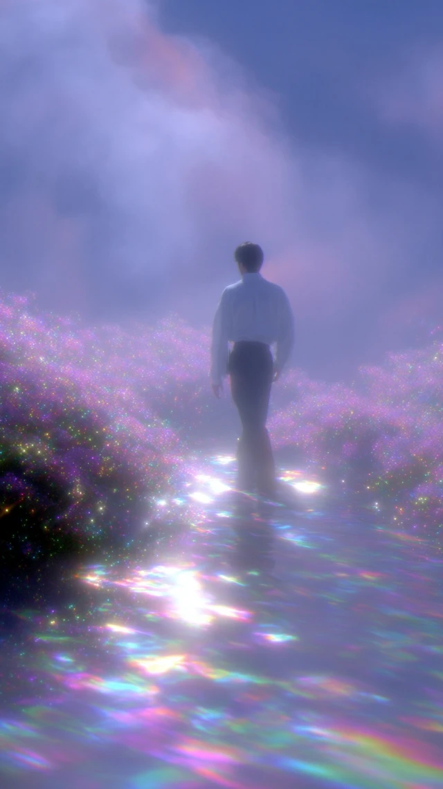 Dreamlike Silhouette Walking Through Iridescent Field
