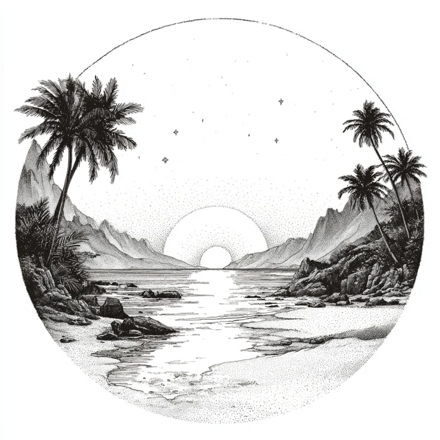 Beach Sunset Line Work Illustration