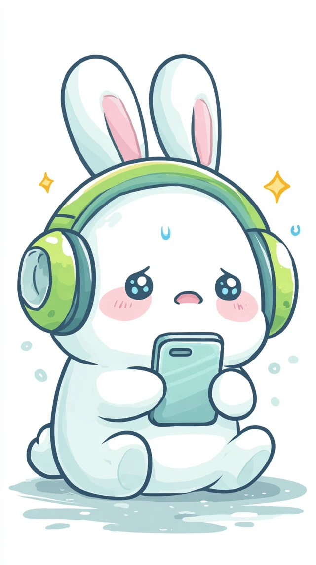 Cute Bunny Mascot with Headphones and Smartphone