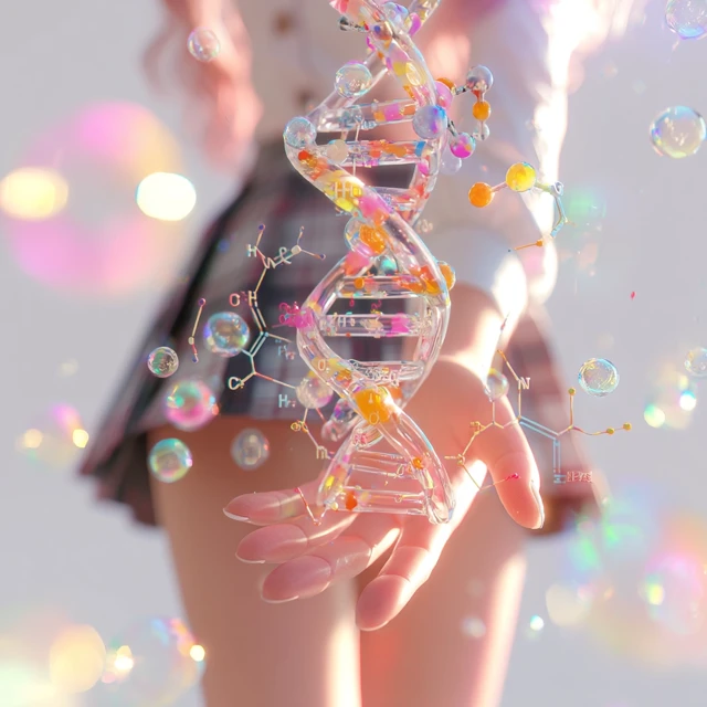 DNA Art: Pastel Girl and Floating Molecule Illustration