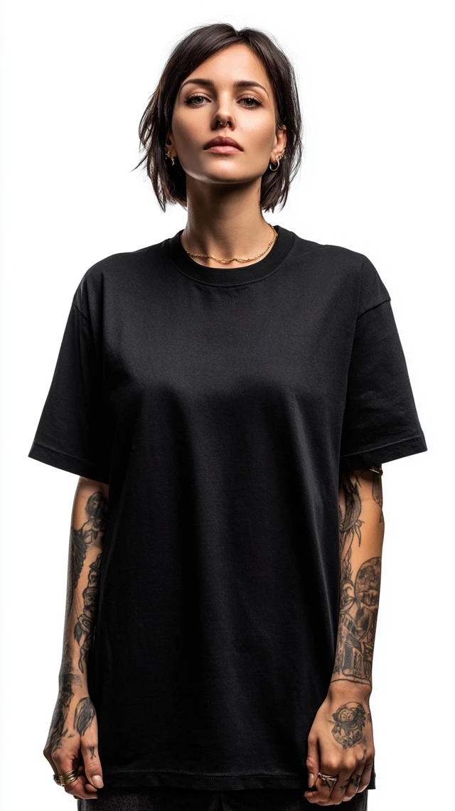 Tattooed Model in Black Oversized Tee Fashion Photo