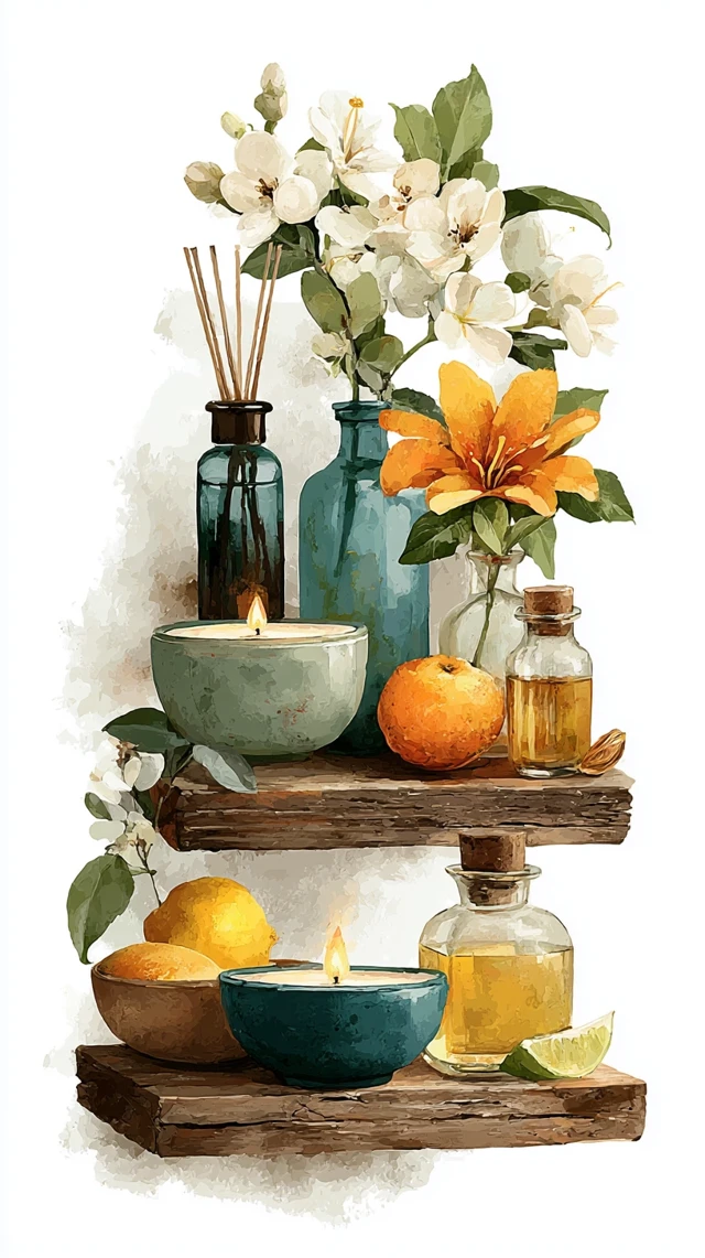 Watercolor Bathroom Decor Shelf with Candles and Lemons