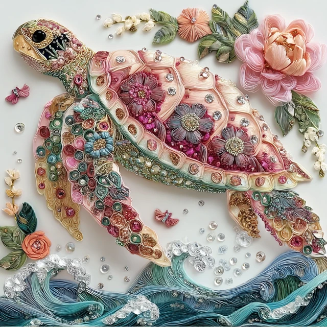Embroidered Sea Turtle Floral Gemstone Art