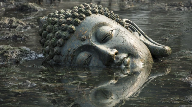 Submerged Buddha Statue Ancient Pond Stone Head
