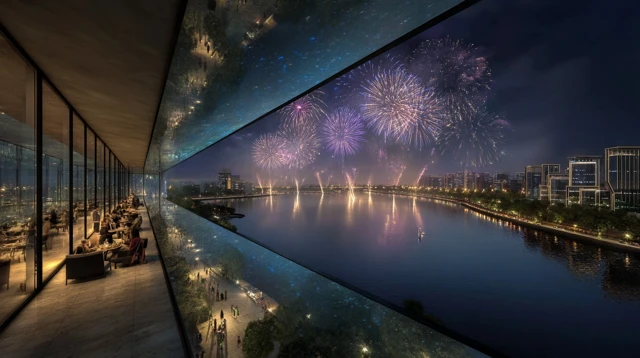 Night View of Xiamen Fireworks Over the Lake