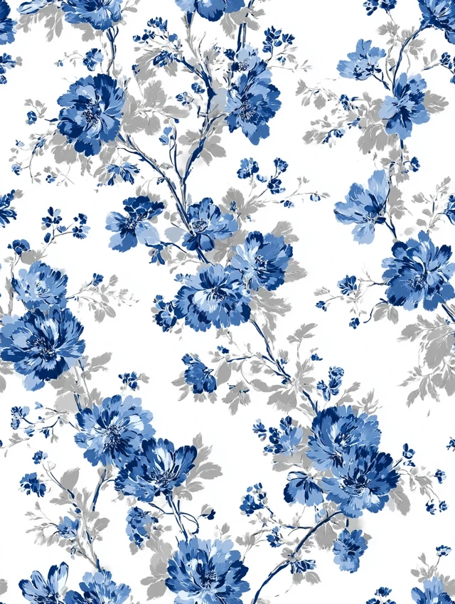 Victorian Floral Pattern Blue and White Wallpaper Design