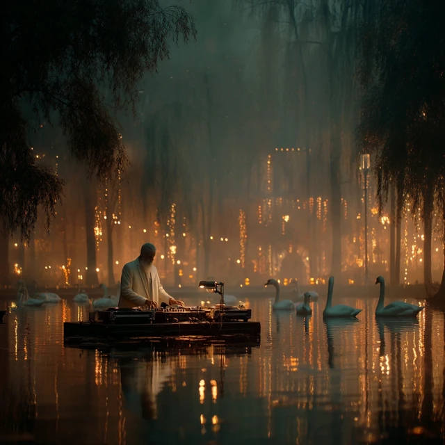 DJ on a Pond Moonlit Scene with Swans