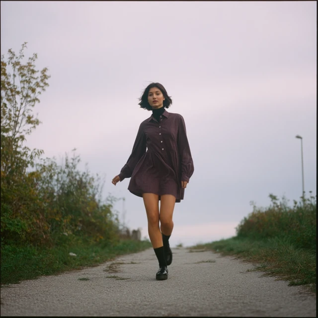 Editorial Fashion Young Woman in Dress Walking