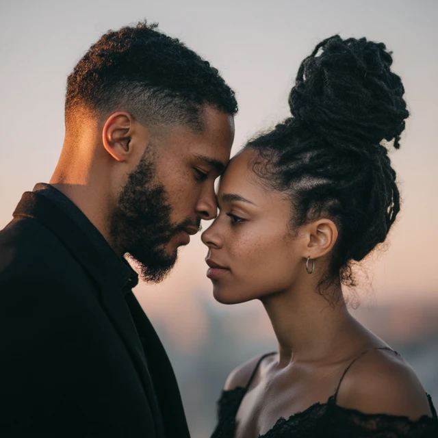 Engaged Black Couple Portrait with Serene Background