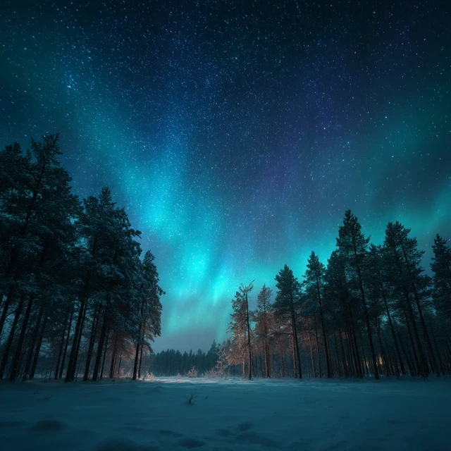 Northern Lights Over Snowy Forest