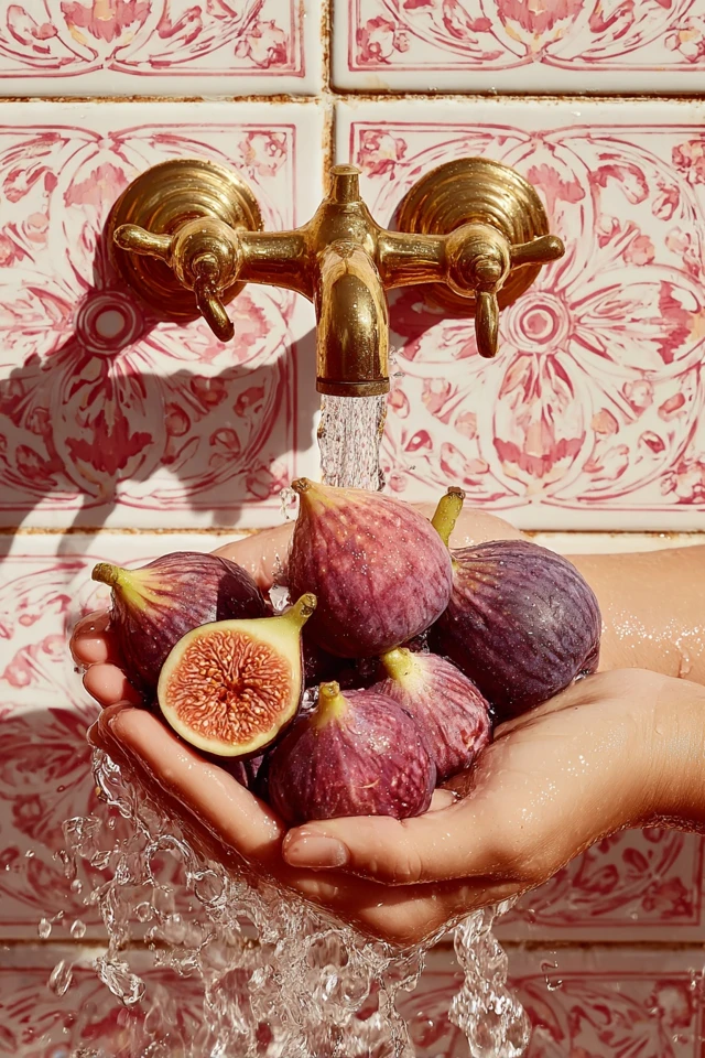 Fresh Figs Hands Water Brass Tap Mediterranean