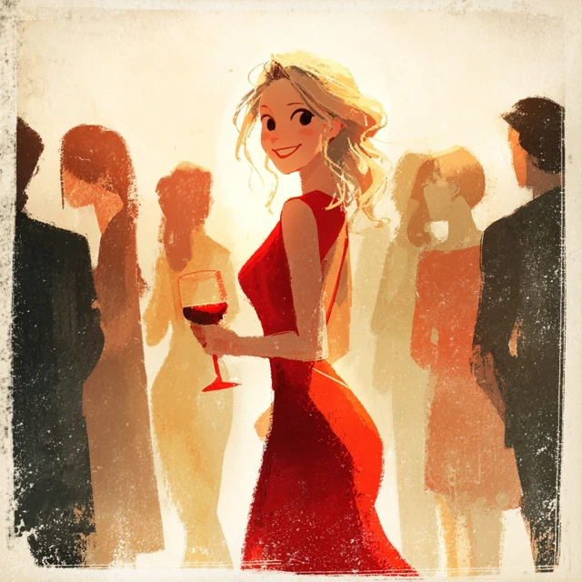 Blonde Girl in Red Dress at Wine Party
