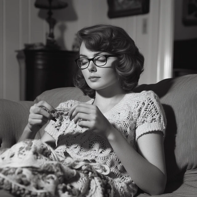 Beautiful Woman Crocheting in Black and White