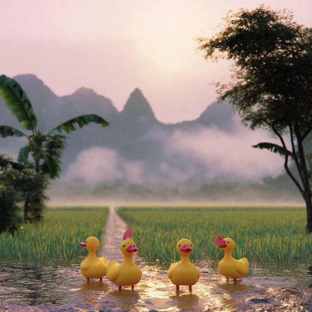 Rubber Ducks on a Road Tropical Paradise Landscape