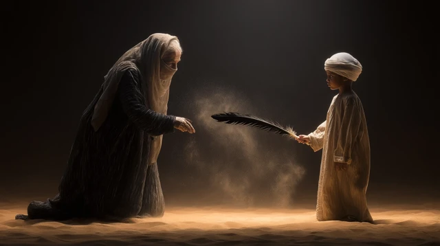 Emirati Woman and Boy Symbolic Moment Desert Night
