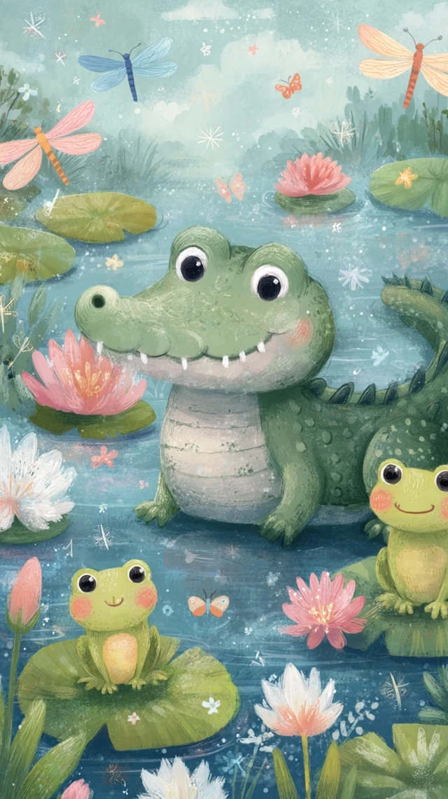 Whimsical Swamp Illustration Alligator Dragonflies Frogs