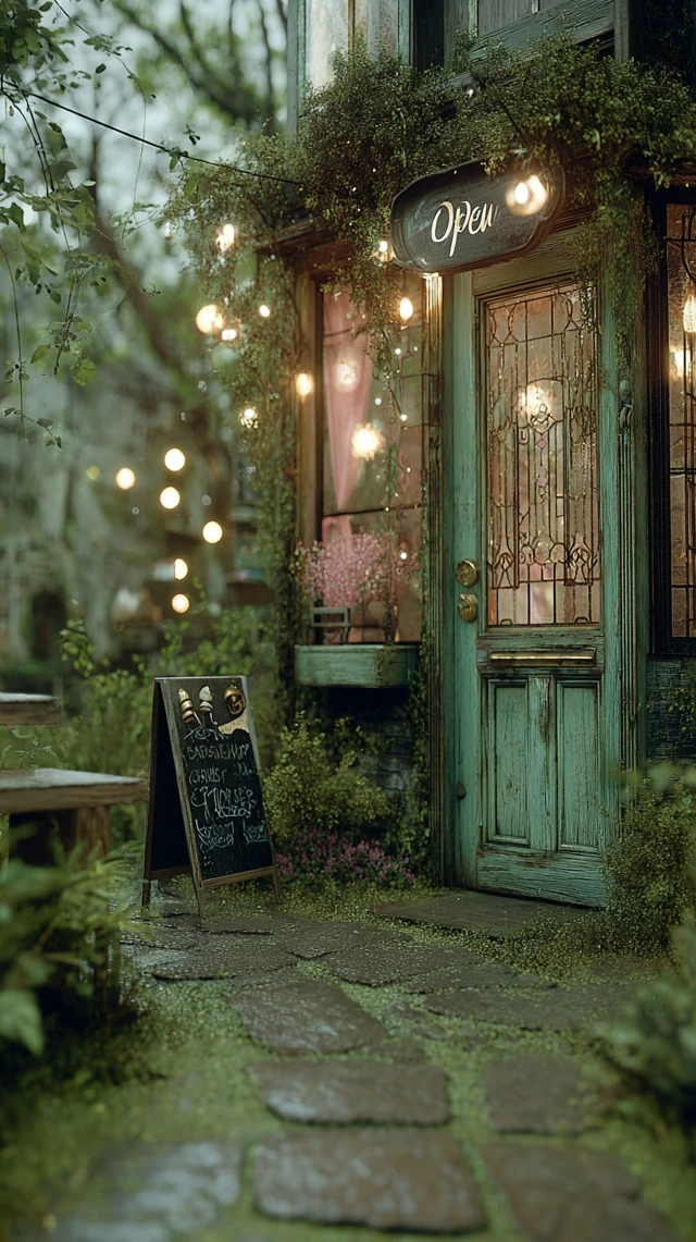 Cozy Cafe in a Misty Forest Magical and Peaceful Scene
