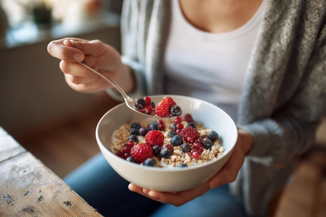 Woman Eating Quinoa Muesli with Berries Healthy Breakfast