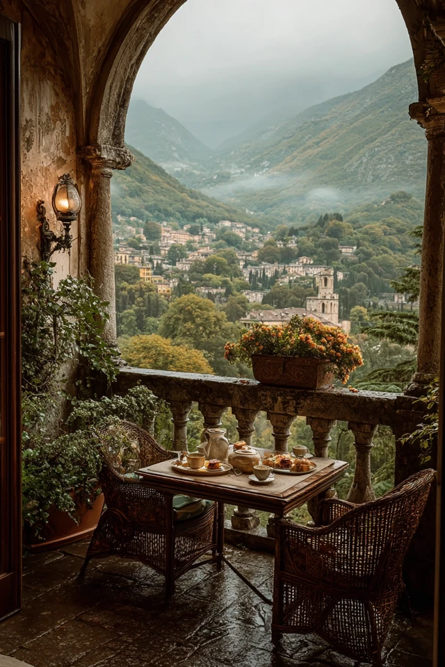 Rainy Day Balcony Tea Set Italy Serene View